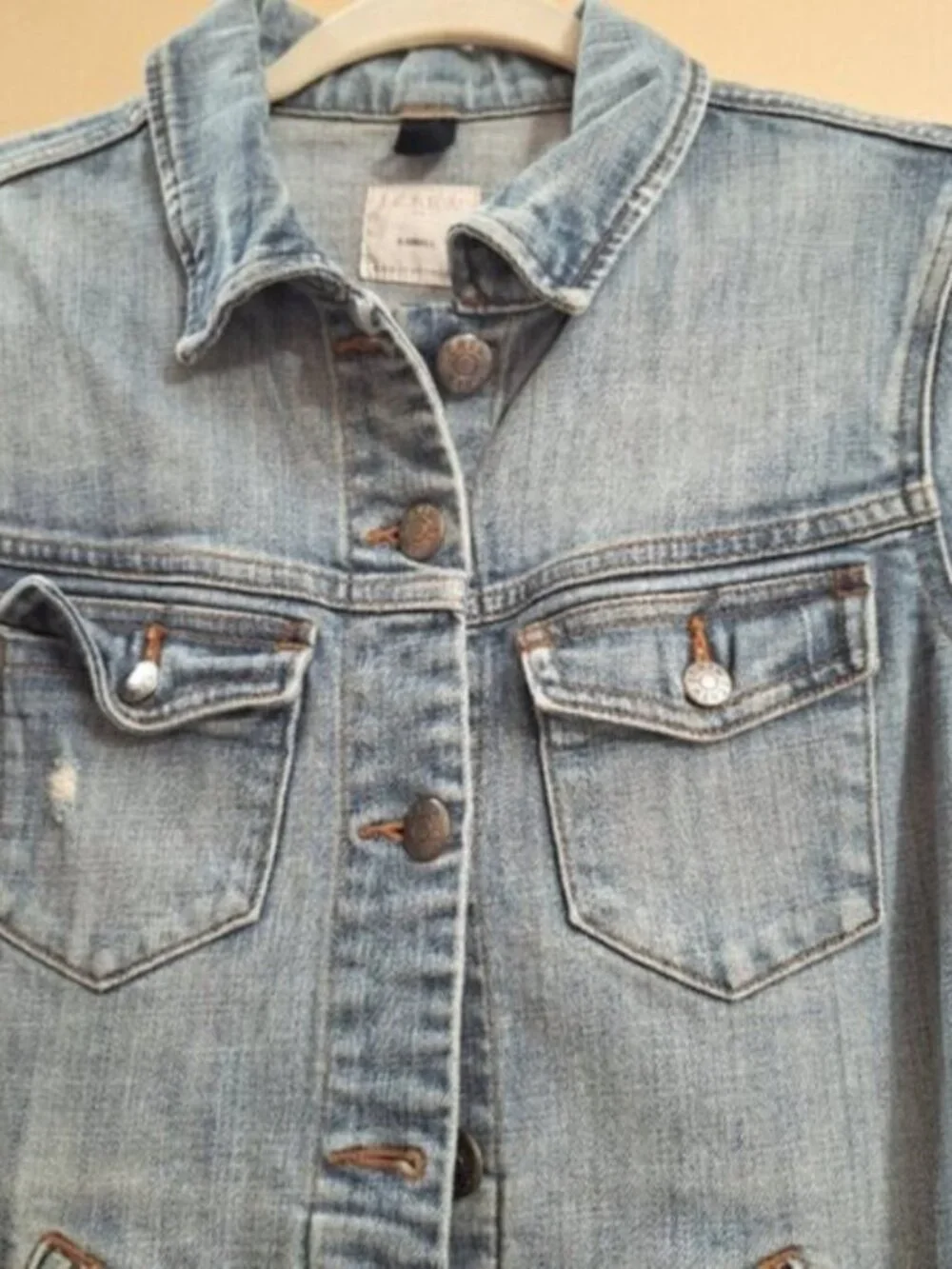J. Crew womens Light Wash Distressed Denim Jacket Classic Fit X-Small